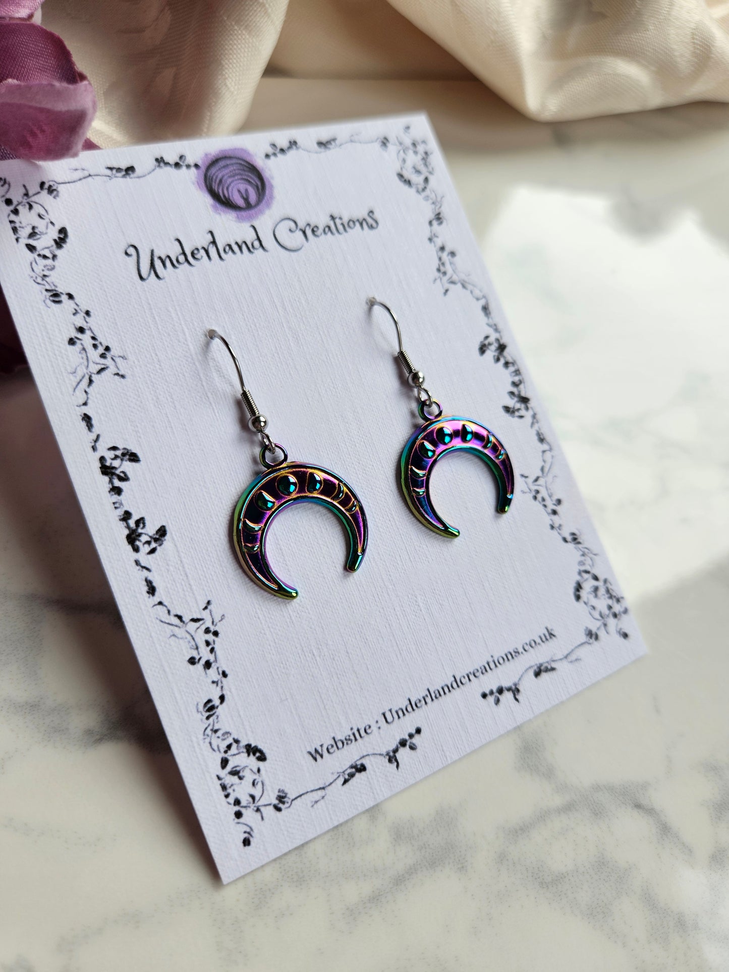 Rainbow Steel Inverted Moon Phase Crescent Earrings