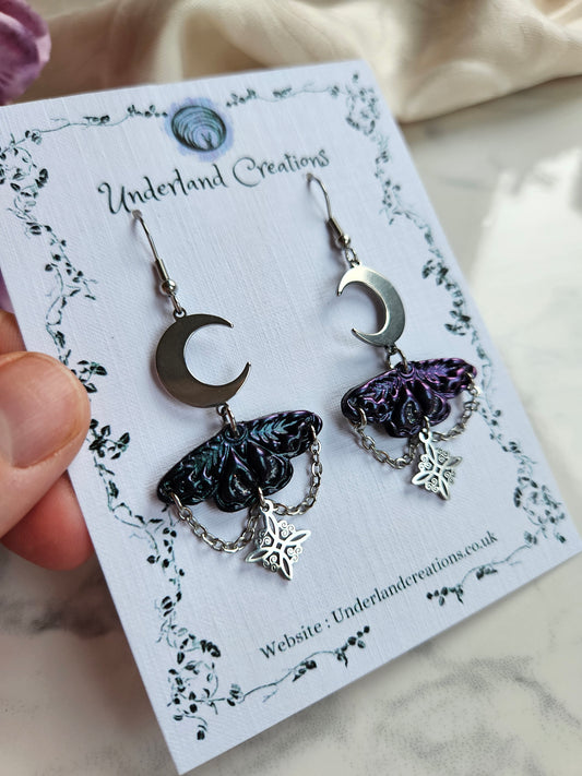 Mini Celestial Moth Earrings in Metallic Blue to Purple