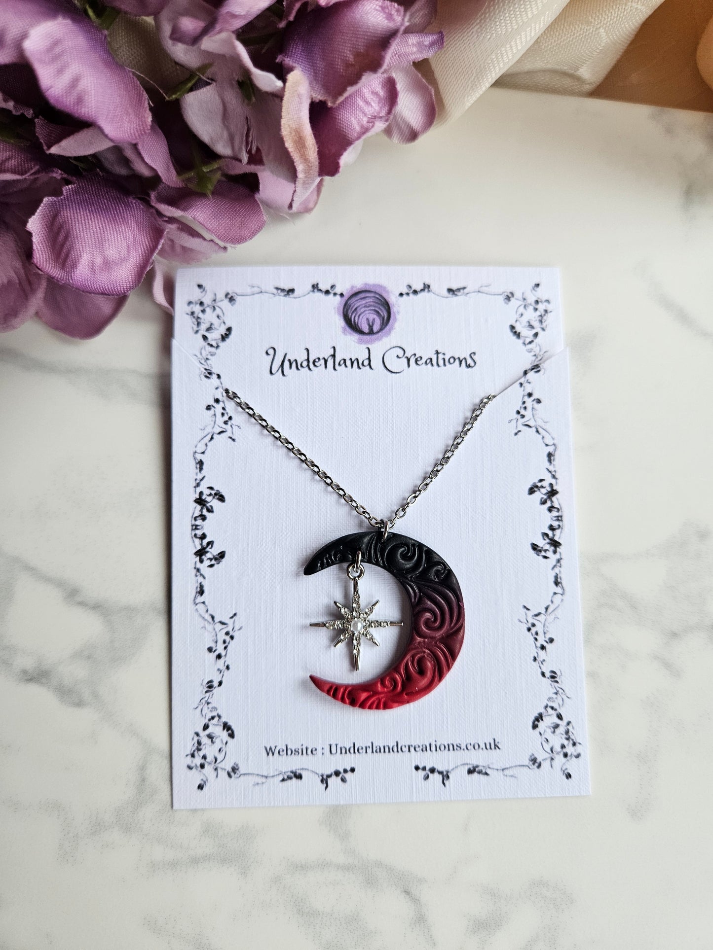 Swirly Moon Necklace in "Cherry Bombe"