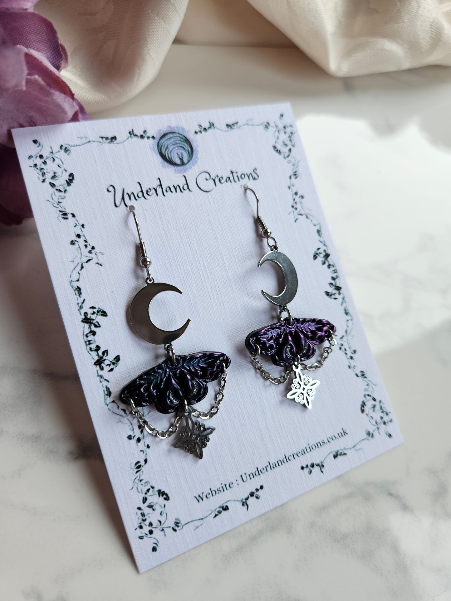Mini Celestial Moth Earrings in Metallic Blue to Purple